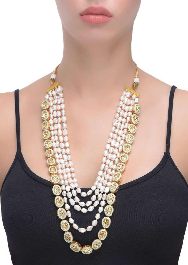 White Pearls Multi Strand Necklace With Mint Mina Work, Crystals And Carved Flower Beads Online - Kalki Fashion