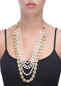 White Pearls Multi Strand Necklace With Mint Mina Work, Crystals And Carved Flower Beads Online - Kalki Fashion