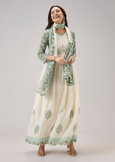 White Printed Anarkali With Beaded Handwork