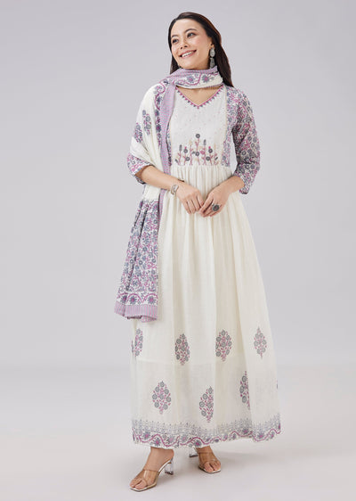 White Printed Mulmul Cotton Anarkali Set With Dupatta