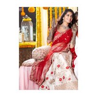 White Lehenga In Raw Silk With Floral Embroidery And Red Blouse And Dupatta Online - Kalki Fashion