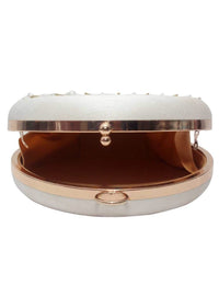 White Round Clutch In Silk With Cut Dana And Sequins Embroidered Floral Motif By Pink Cocktail