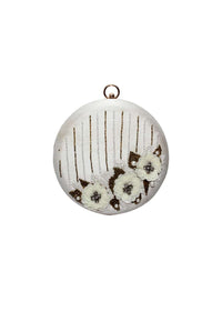 White Round Clutch In Silk With Cut Dana And Sequins Embroidered Floral Motif By Pink Cocktail