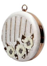 White Round Clutch In Silk With Cut Dana And Sequins Embroidered Floral Motif By Pink Cocktail