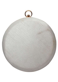 White Round Clutch In Silk With Cut Dana And Sequins Embroidered Floral Motif By Pink Cocktail