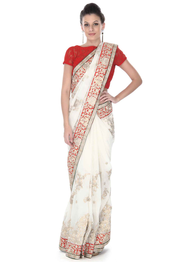 White saree in floral motif embroidery in sequin only on Kalki