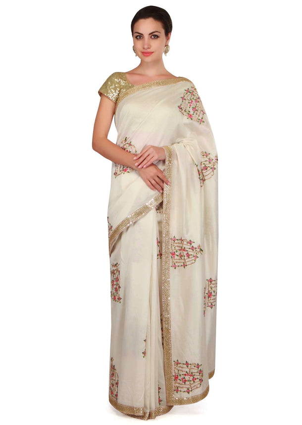 White saree in bird and cage motif embroidery all over only on Kalki