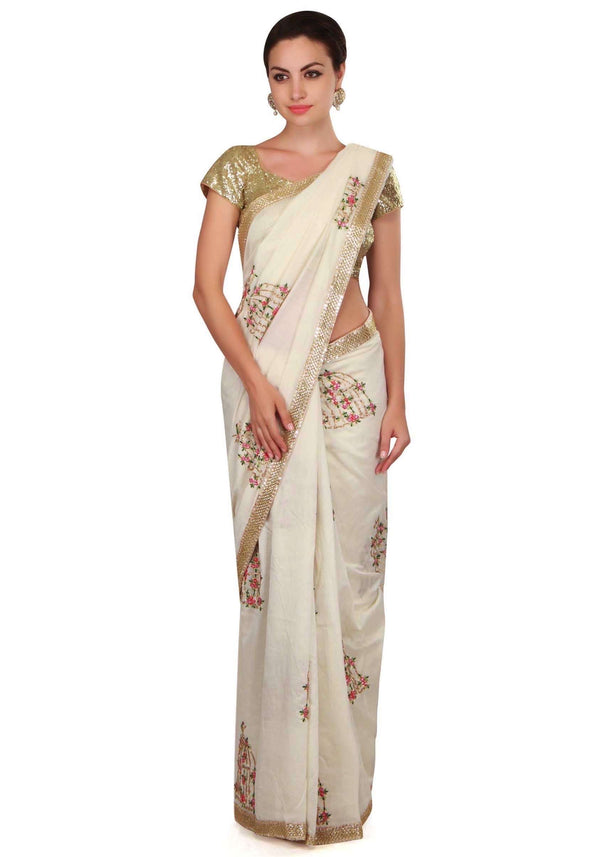 White saree in bird and cage motif embroidery all over only on Kalki