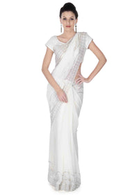 White saree in embroidered butti and border only on Kalki