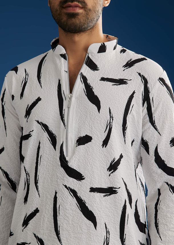 White Silk Kurta Set With Abstract Prints