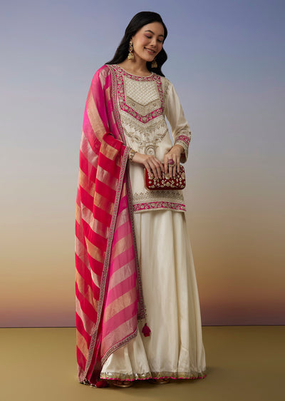 White Silk Palazzo Suits with Moti Zardosi Work