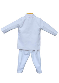 White Suit Set With Coat And Trousers Along With Yellow Shirt By Fayon Kids