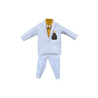 White Suit Set With Coat And Trousers Along With Yellow Shirt By Fayon Kids