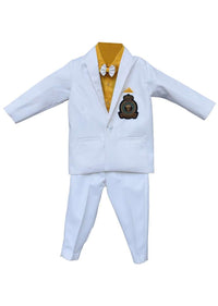 White Suit Set With Coat And Trousers Along With Yellow Shirt By Fayon Kids