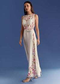White Thread And Moti Work Jumpsuit With Waist Belt