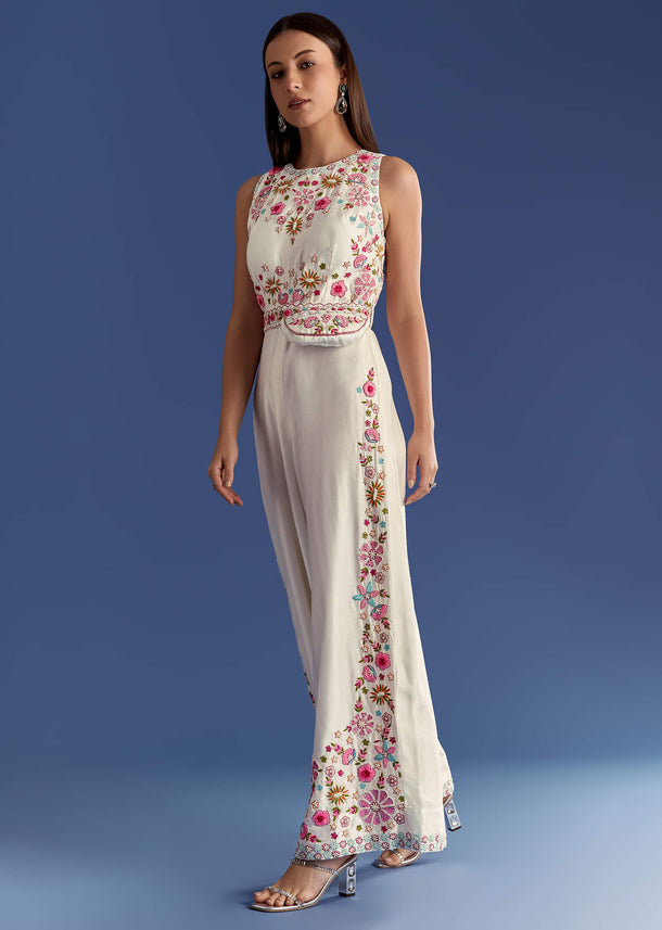 White Thread And Moti Work Jumpsuit With Waist Belt