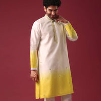 Yellow White Ombre Kurta Set In Silk With Mirror Work