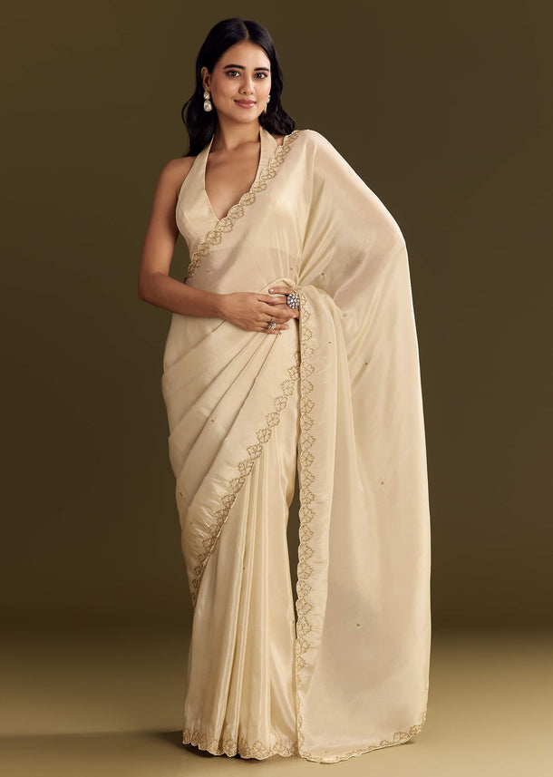 White Tissue Saree With Cutdana And Beads Scallop Border