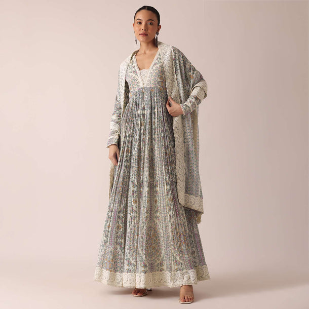 White Anarkali Set With Chikankari Lace Trims