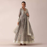 White Anarkali Set In Georgette With Chikankari Lace