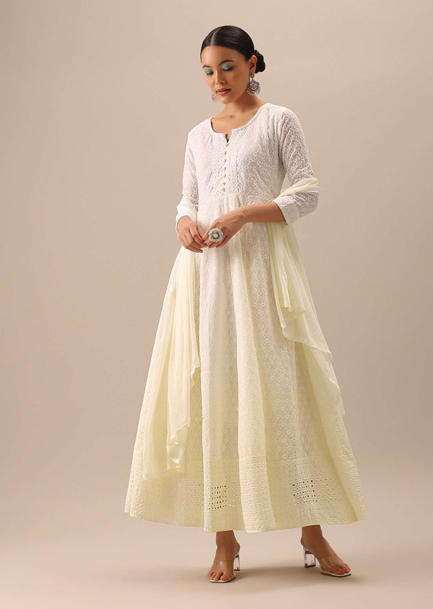 White Anarkali Set with Chikankari Work