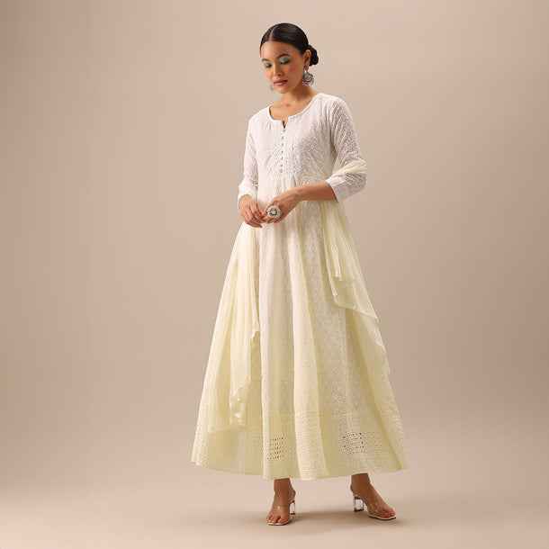 White Anarkali Set with Chikankari Work