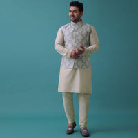 White Jacket Kurta Set In Silk With Machine Embroidery