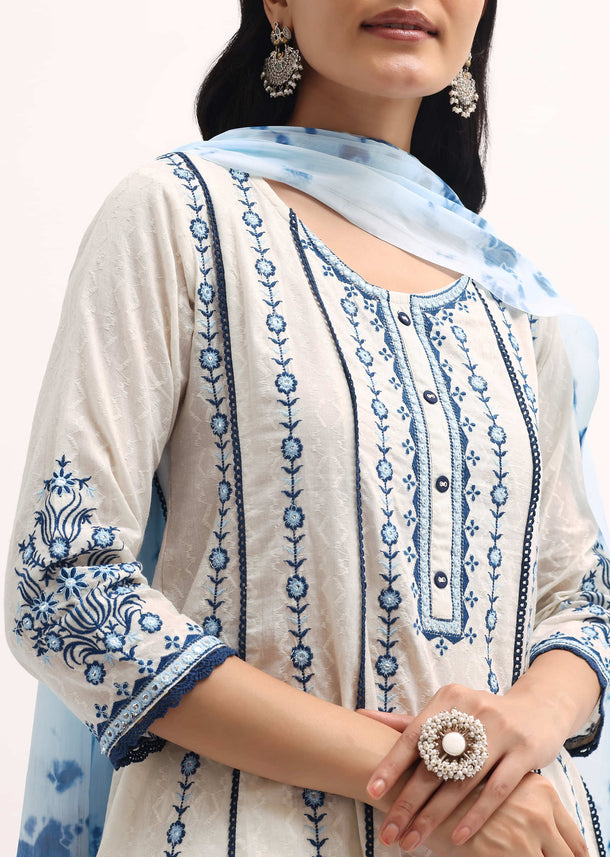 White And Blue Cotton Kurta Pant Set With Thread Work