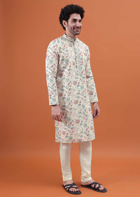 White And Blue Floral Embroidered Kurta Set For Men