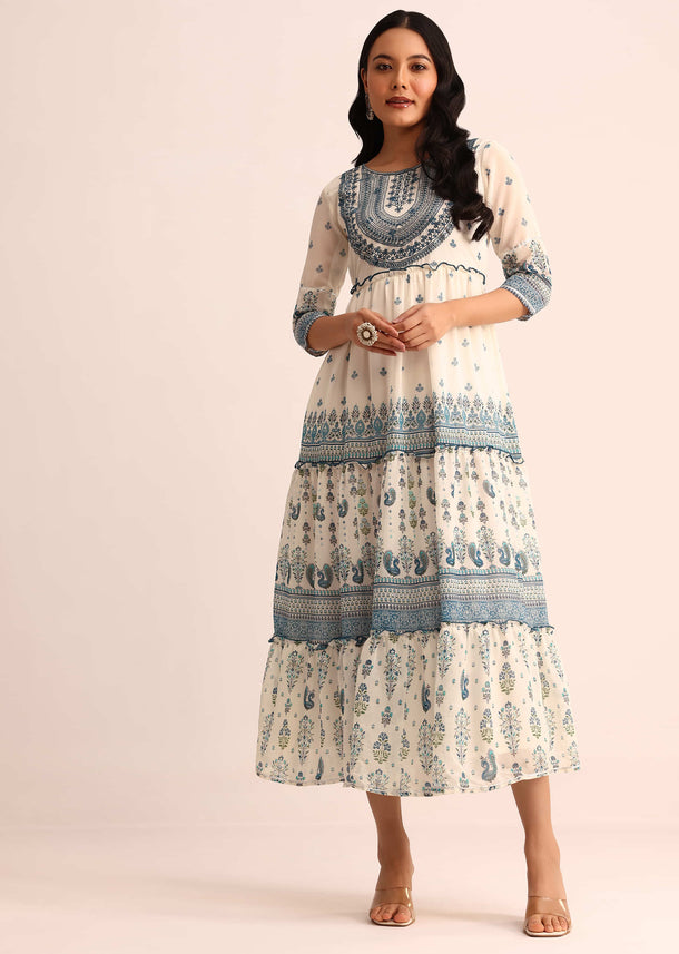 White And Blue Printed Georgette Kurti