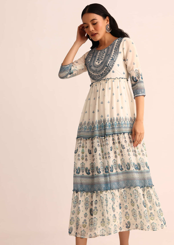 White And Blue Printed Georgette Kurti