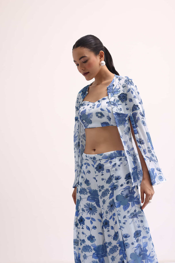 White And Blue Printed Palazzo Set With Cape