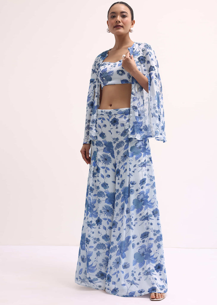 White And Blue Printed Palazzo Set With Cape