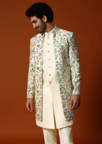 White And Cream Embroidered Indowestern Suit For Men