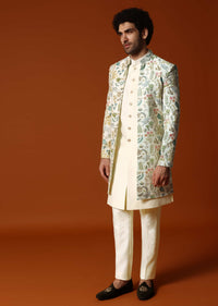 White And Cream Embroidered Indowestern Suit For Men