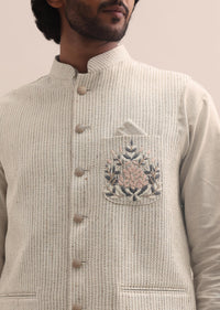 White And Cream Embroidered Silk Kurta Jacket Set For Men