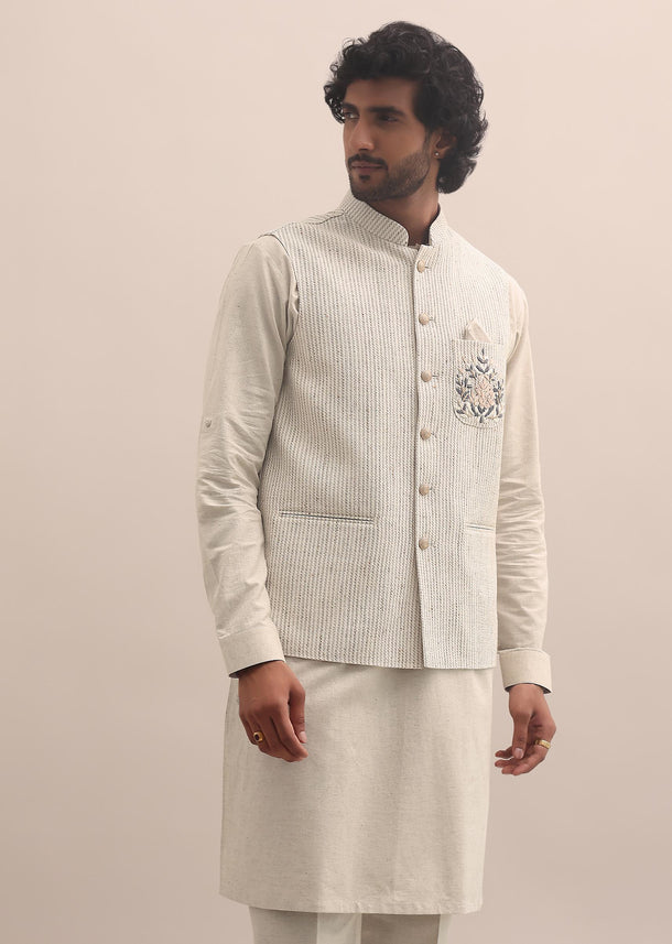 White And Cream Embroidered Silk Kurta Jacket Set For Men