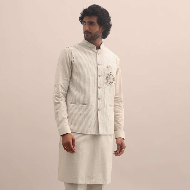 White And Cream Embroidered Silk Kurta Jacket Set For Men