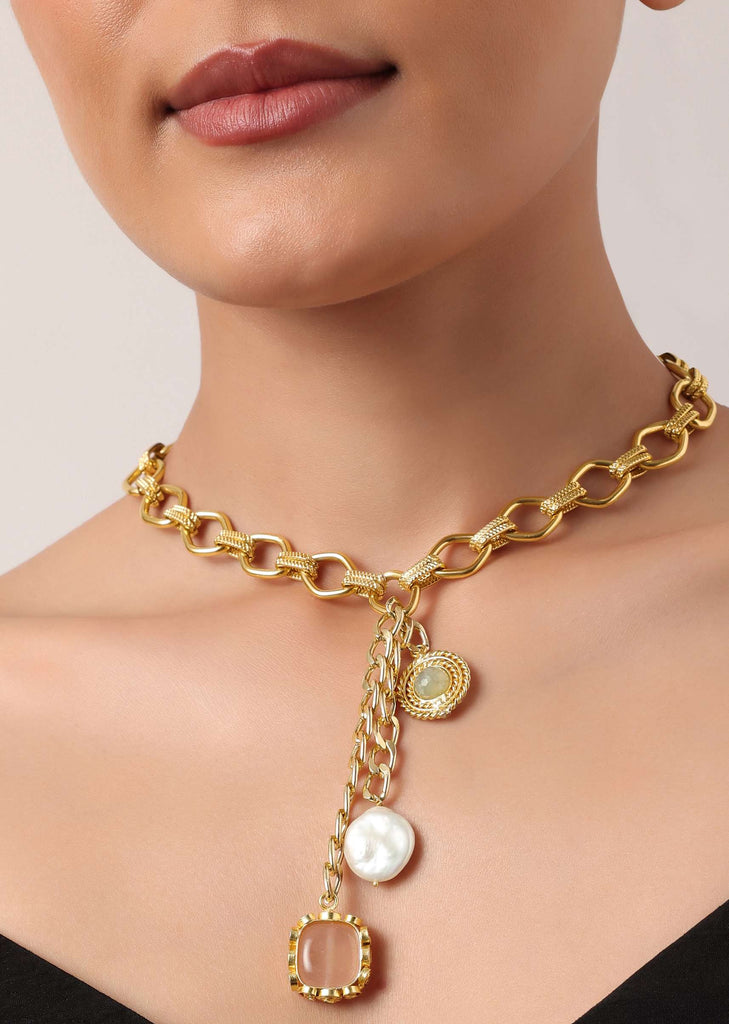 White And Gold Finish Pendant Short Necklace With Pearls
