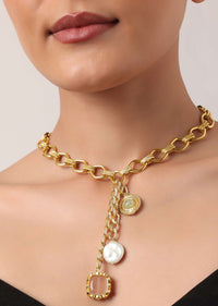White And Gold Finish Pendant Short Necklace With Pearls