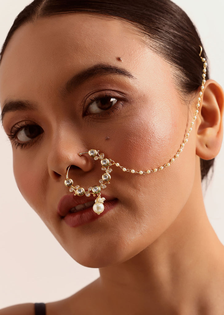 White And Gold Kundan Nose Ring In Mix Metal