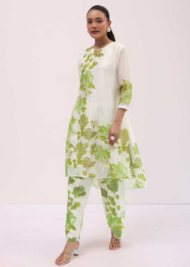 White And Green Printed Kurta Palazzo