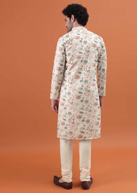 White And Grey Floral Embroidered Kurta Set For Men