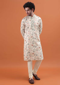 White And Grey Floral Embroidered Kurta Set For Men