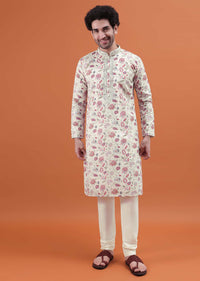 White And Orange Floral Embroidered Kurta Set For Men