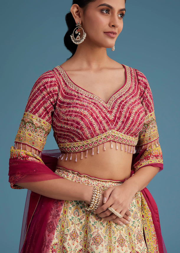 White And Pink Crepe Lehenga Set With Sequins And Cut Dana Work