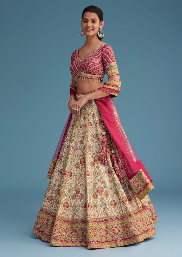 White And Pink Crepe Lehenga Set With Sequins And Cut Dana Work