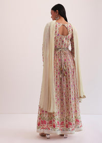 White And Pink Embroidered Anarkali Set