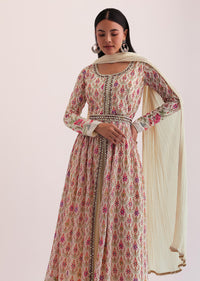 White And Pink Embroidered Anarkali Set