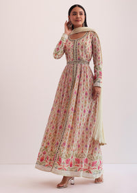 White And Pink Embroidered Anarkali Set